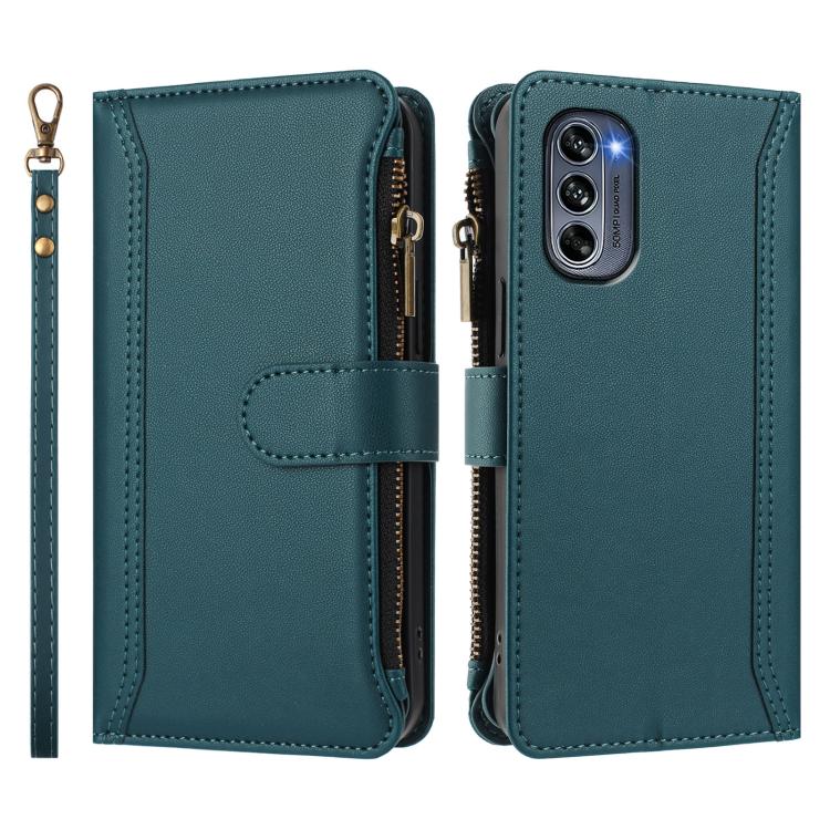 For Motorola Moto G62 5G Global Magnetic Closure 9 Card Slots Zipper Leather Case with Hand Strap