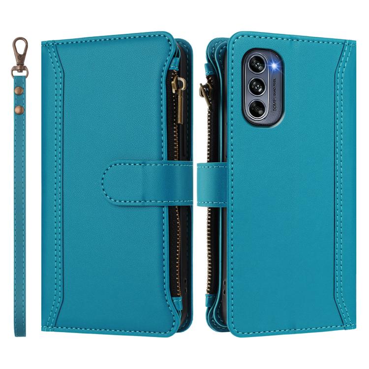 For Motorola Moto G62 5G Global Magnetic Closure 9 Card Slots Zipper Leather Case with Hand Strap