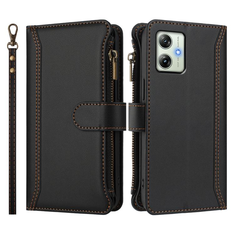 For Motorola Moto G64 India Magnetic Closure 9 Card Slots Zipper Leather Case with Hand Strap