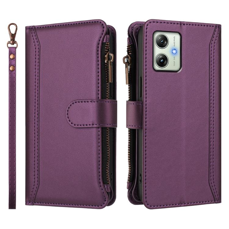 For Motorola Moto G64 India Magnetic Closure 9 Card Slots Zipper Leather Case with Hand Strap