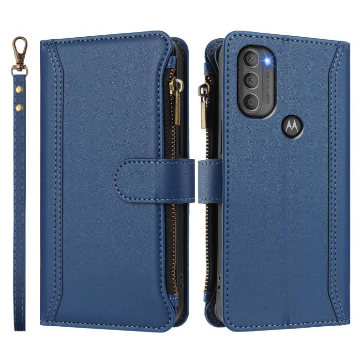 For Motorola Moto G71 5G Magnetic Closure 9 Card Slots Zipper Leather Case with Hand Strap
