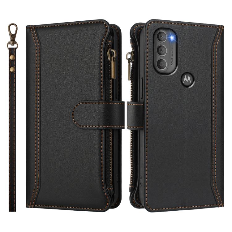 For Motorola Moto G71 5G Magnetic Closure 9 Card Slots Zipper Leather Case with Hand Strap