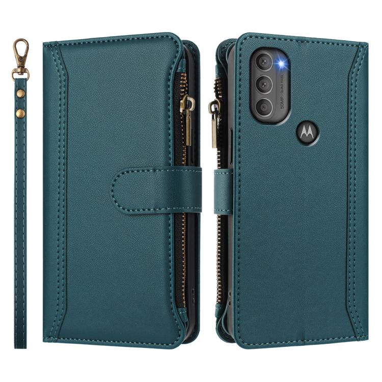 For Motorola Moto G71 5G Magnetic Closure 9 Card Slots Zipper Leather Case with Hand Strap