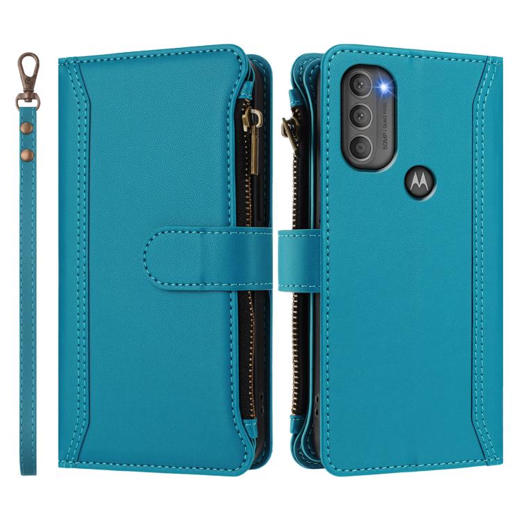For Motorola Moto G71 5G Magnetic Closure 9 Card Slots Zipper Leather Case with Hand Strap