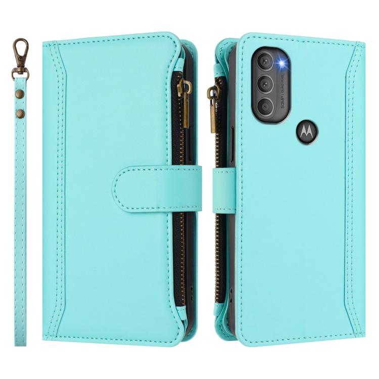 For Motorola Moto G71 5G Magnetic Closure 9 Card Slots Zipper Leather Case with Hand Strap