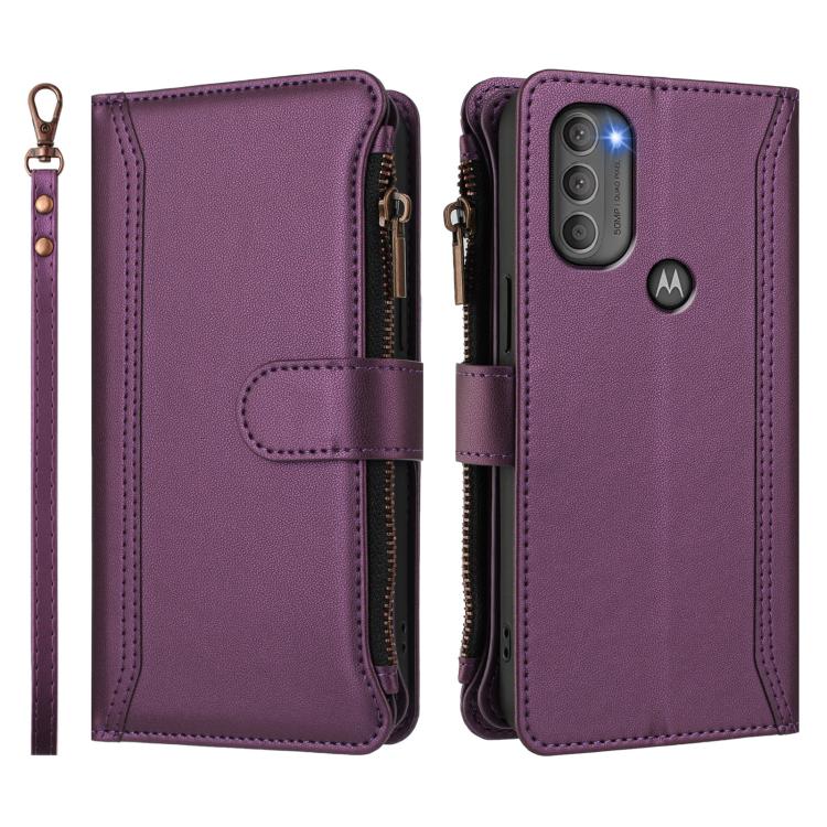 For Motorola Moto G71 5G Magnetic Closure 9 Card Slots Zipper Leather Case with Hand Strap