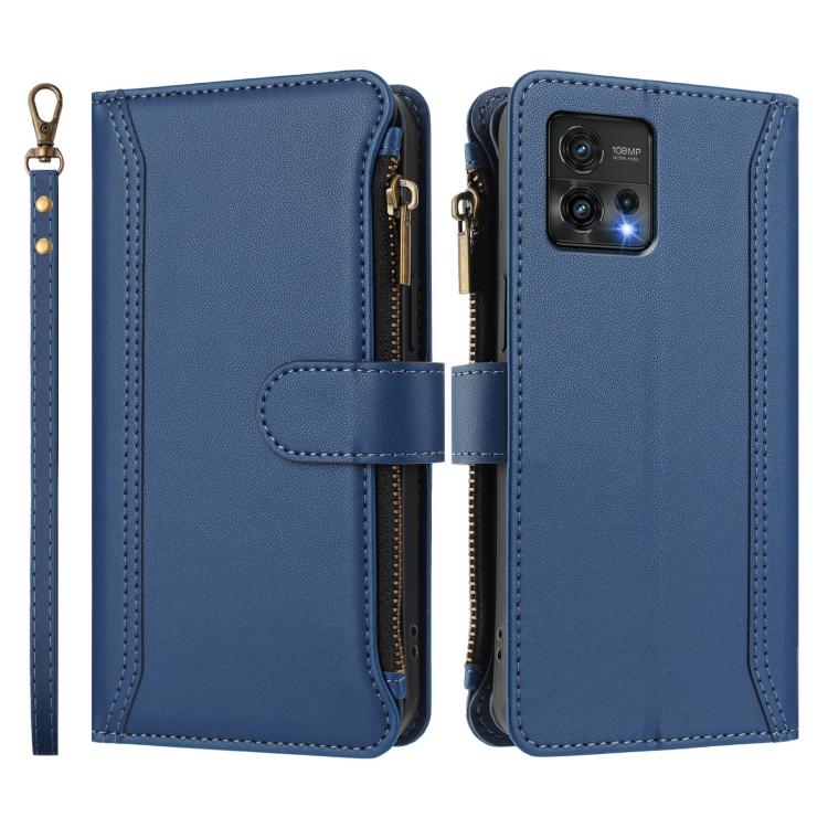 For Motorola Moto G72 Magnetic Closure 9 Card Slots Zipper Leather Case with Hand Strap