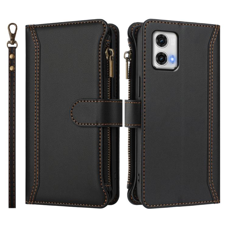 For Motorola Moto G73 5G Magnetic Closure 9 Card Slots Zipper Leather Case with Hand Strap