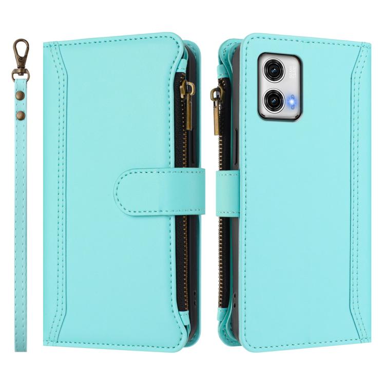 For Motorola Moto G73 5G Magnetic Closure 9 Card Slots Zipper Leather Case with Hand Strap