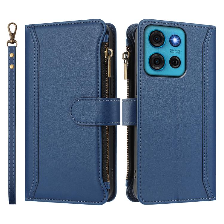 For Motorola Moto G75 5G Magnetic Closure 9 Card Slots Zipper Leather Case with Hand Strap