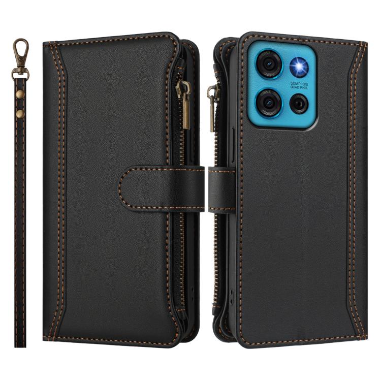 For Motorola Moto G75 5G Magnetic Closure 9 Card Slots Zipper Leather Case with Hand Strap