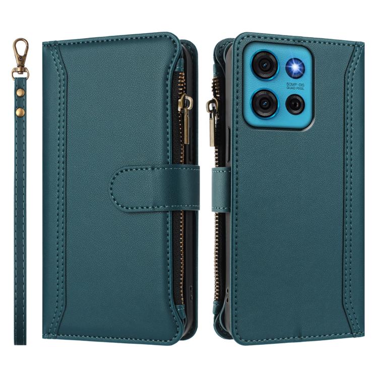 For Motorola Moto G75 5G Magnetic Closure 9 Card Slots Zipper Leather Case with Hand Strap