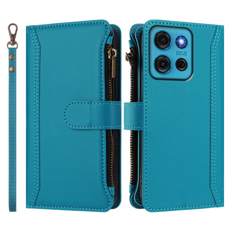 For Motorola Moto G75 5G Magnetic Closure 9 Card Slots Zipper Leather Case with Hand Strap
