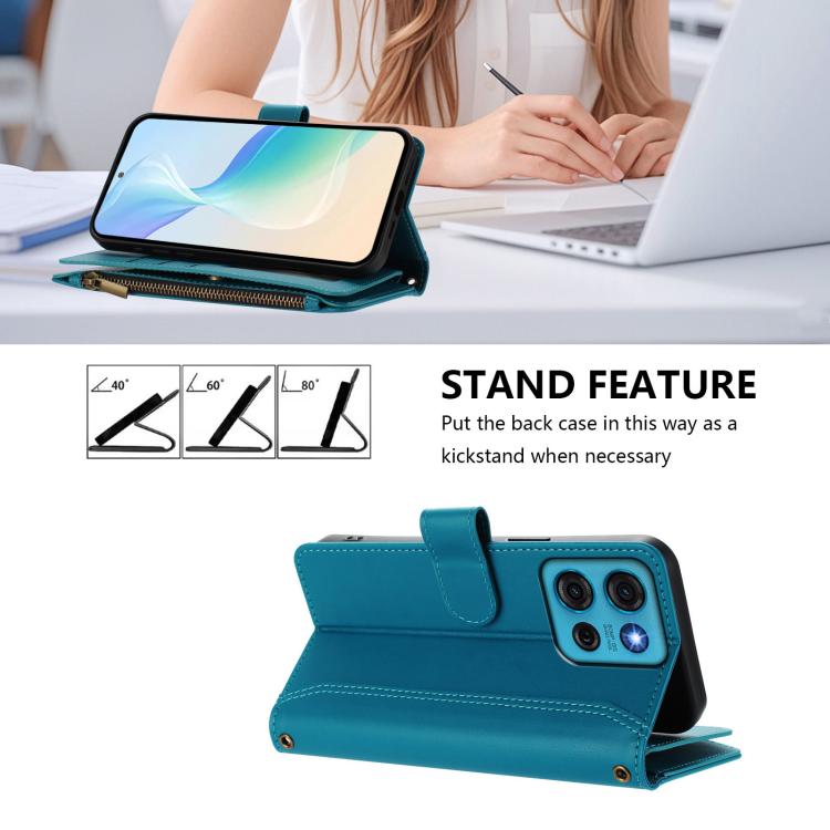 For Motorola Moto G75 5G Magnetic Closure 9 Card Slots Zipper Leather Case with Hand Strap