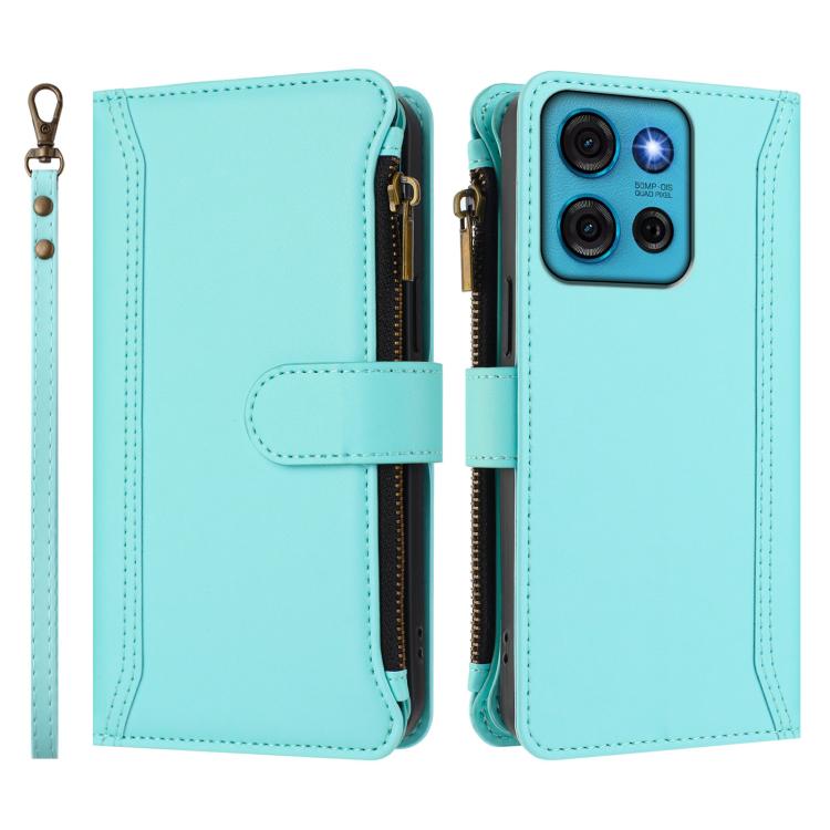For Motorola Moto G75 5G Magnetic Closure 9 Card Slots Zipper Leather Case with Hand Strap