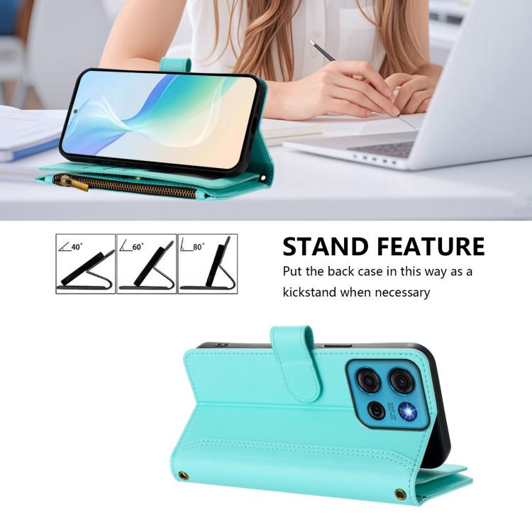 For Motorola Moto G75 5G Magnetic Closure 9 Card Slots Zipper Leather Case with Hand Strap