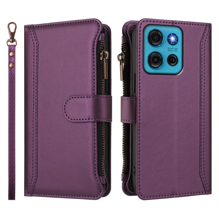 For Motorola Moto G75 5G Magnetic Closure 9 Card Slots Zipper Leather Case with Hand Strap
