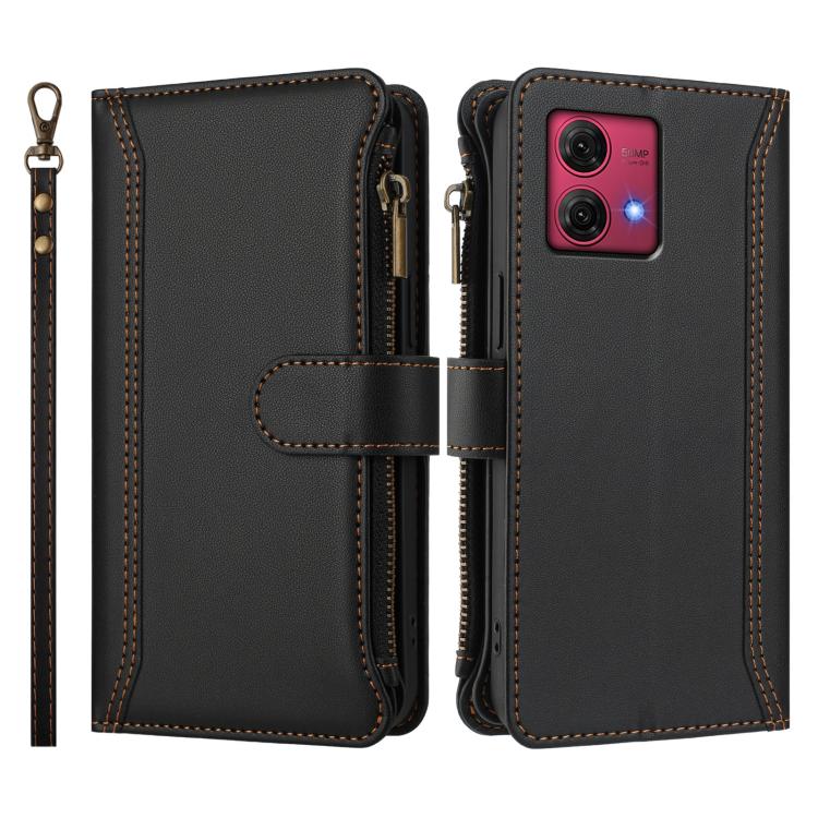 For Motorola Moto G84 Magnetic Closure 9 Card Slots Zipper Leather Case with Hand Strap