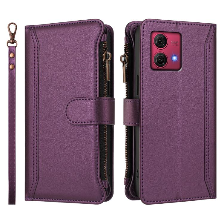 For Motorola Moto G84 Magnetic Closure 9 Card Slots Zipper Leather Case with Hand Strap