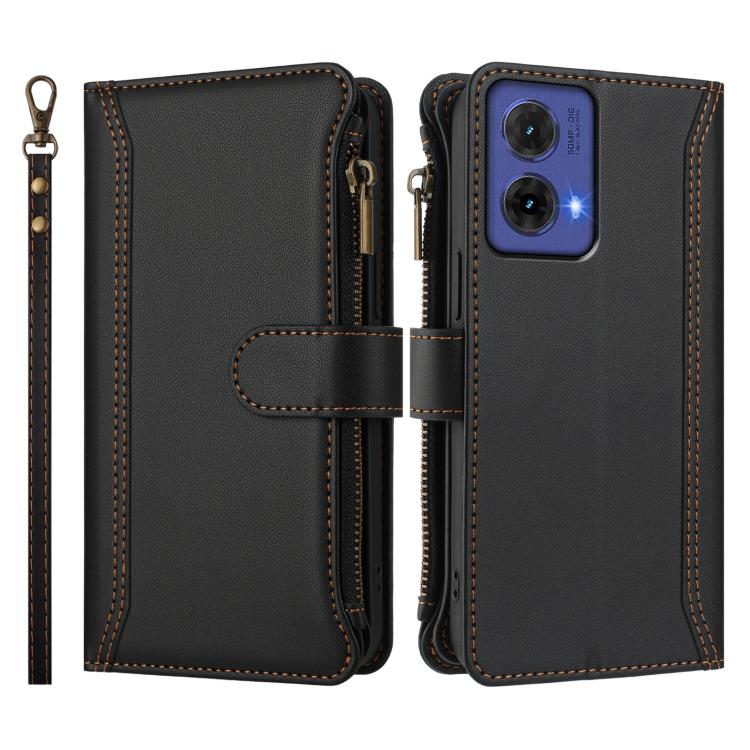 For Motorola Moto G85 5G Magnetic Closure 9 Card Slots Zipper Leather Case with Hand Strap