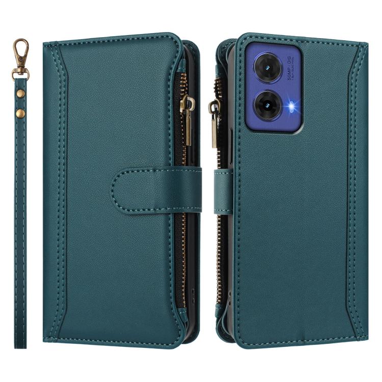 For Motorola Moto G85 5G Magnetic Closure 9 Card Slots Zipper Leather Case with Hand Strap