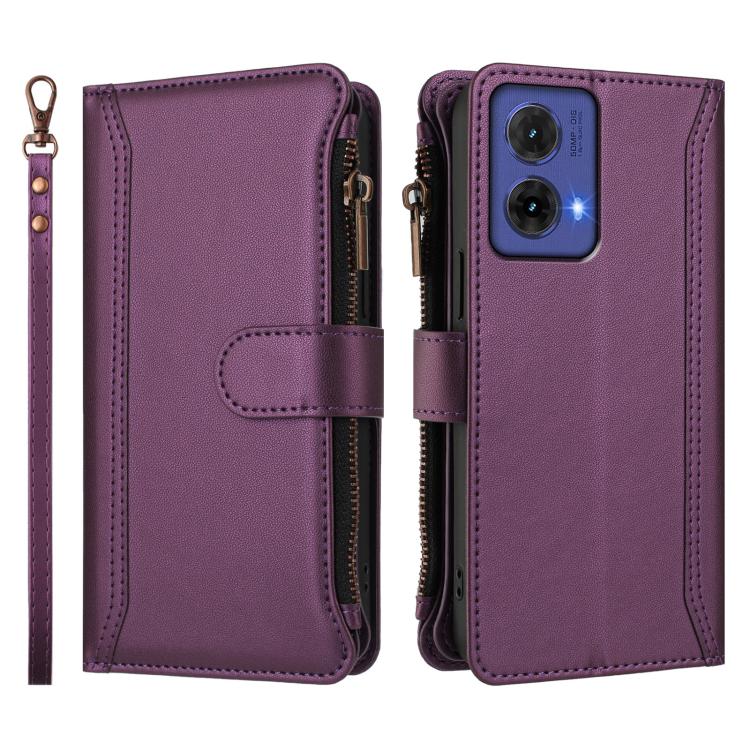 For Motorola Moto G85 5G Magnetic Closure 9 Card Slots Zipper Leather Case with Hand Strap