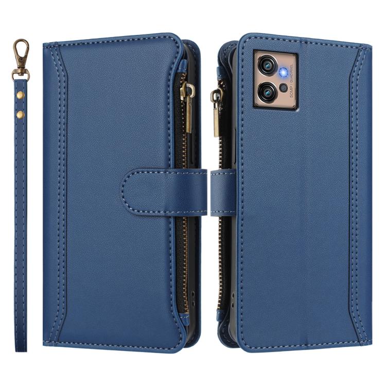 For Motorola Moto G32 Magnetic Closure 9 Card Slots Zipper Leather Case with Hand Strap