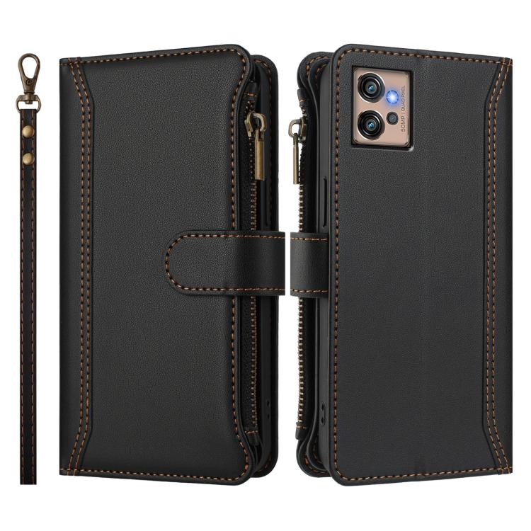 For Motorola Moto G32 Magnetic Closure 9 Card Slots Zipper Leather Case with Hand Strap