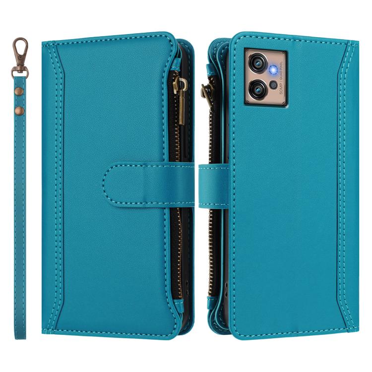 For Motorola Moto G32 Magnetic Closure 9 Card Slots Zipper Leather Case with Hand Strap