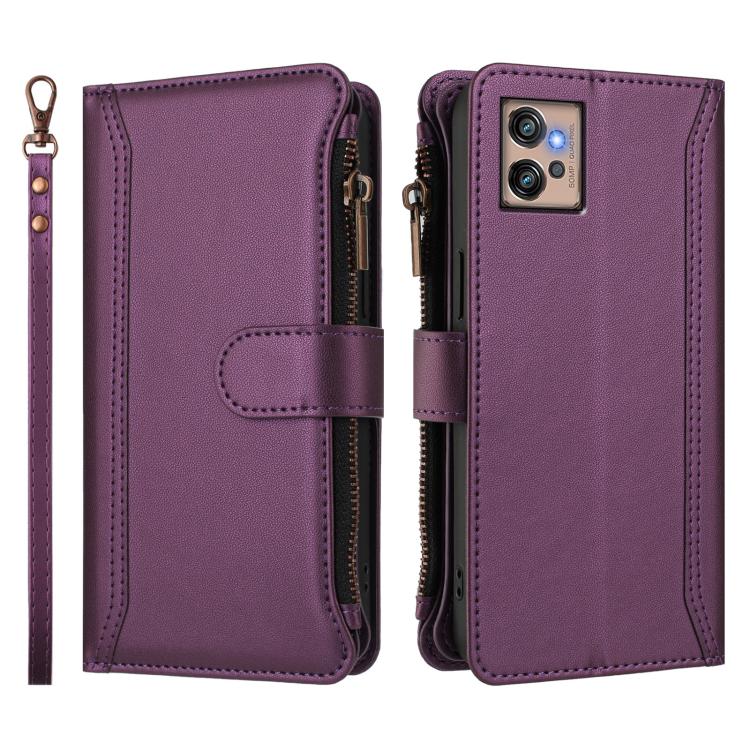 For Motorola Moto G32 Magnetic Closure 9 Card Slots Zipper Leather Case with Hand Strap