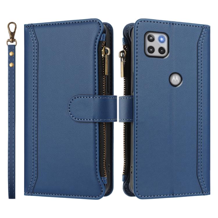 For Motorola One 5G Ace Magnetic Closure 9 Card Slots Zipper Leather Case with Hand Strap