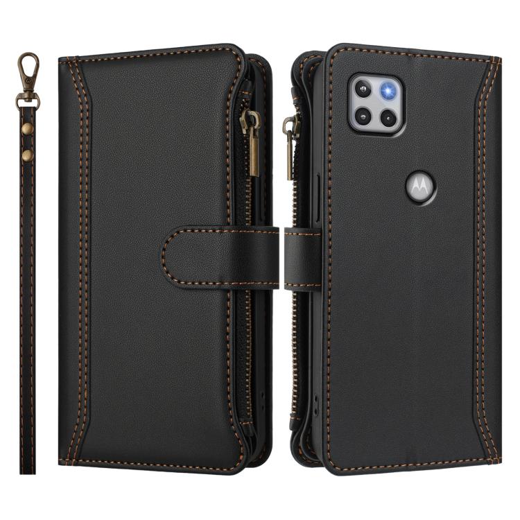 For Motorola One 5G Ace Magnetic Closure 9 Card Slots Zipper Leather Case with Hand Strap