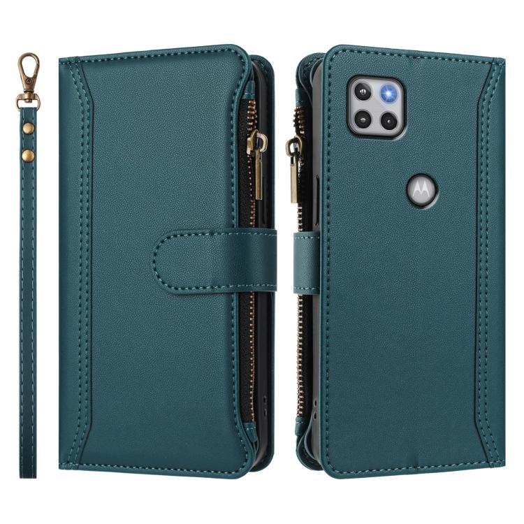 For Motorola One 5G Ace Magnetic Closure 9 Card Slots Zipper Leather Case with Hand Strap