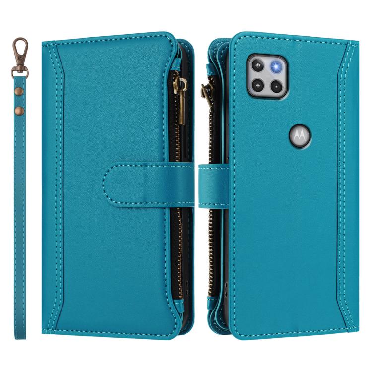 For Motorola One 5G Ace Magnetic Closure 9 Card Slots Zipper Leather Case with Hand Strap