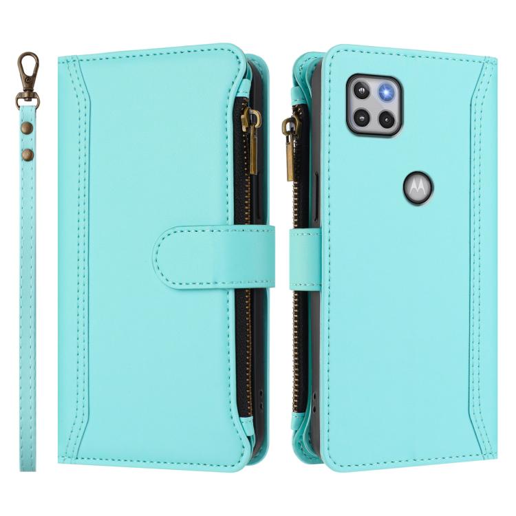 For Motorola One 5G Ace Magnetic Closure 9 Card Slots Zipper Leather Case with Hand Strap