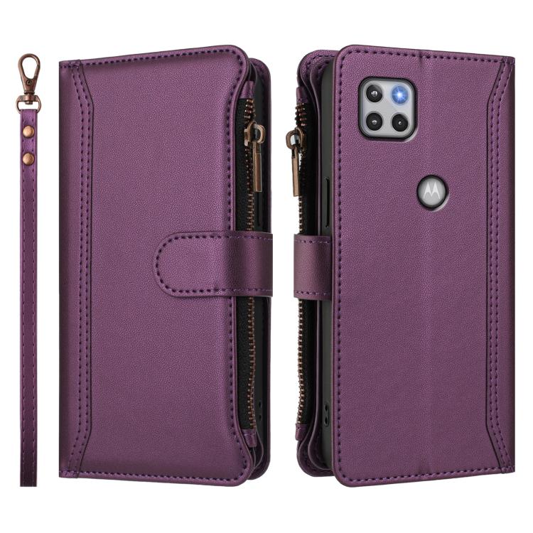 For Motorola One 5G Ace Magnetic Closure 9 Card Slots Zipper Leather Case with Hand Strap