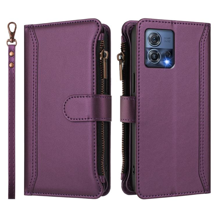 For Motorola Edge 30 Fusion / Moto S30 Pro Magnetic Closure 9 Card Slots Zipper Leather Case with Hand Strap