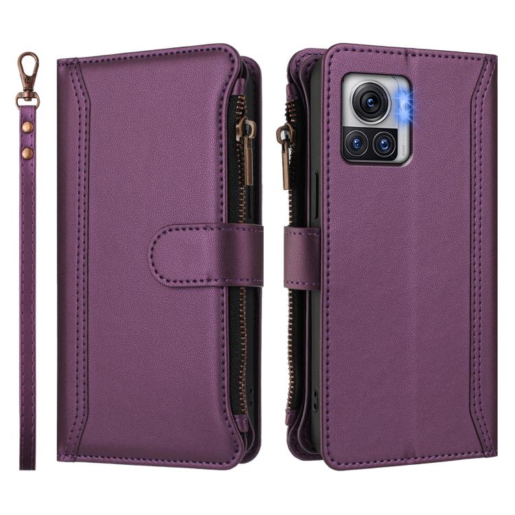 For Motorola Moto X30 Pro / Edge 30 Ultra Magnetic Closure 9 Card Slots Zipper Leather Case with Hand Strap