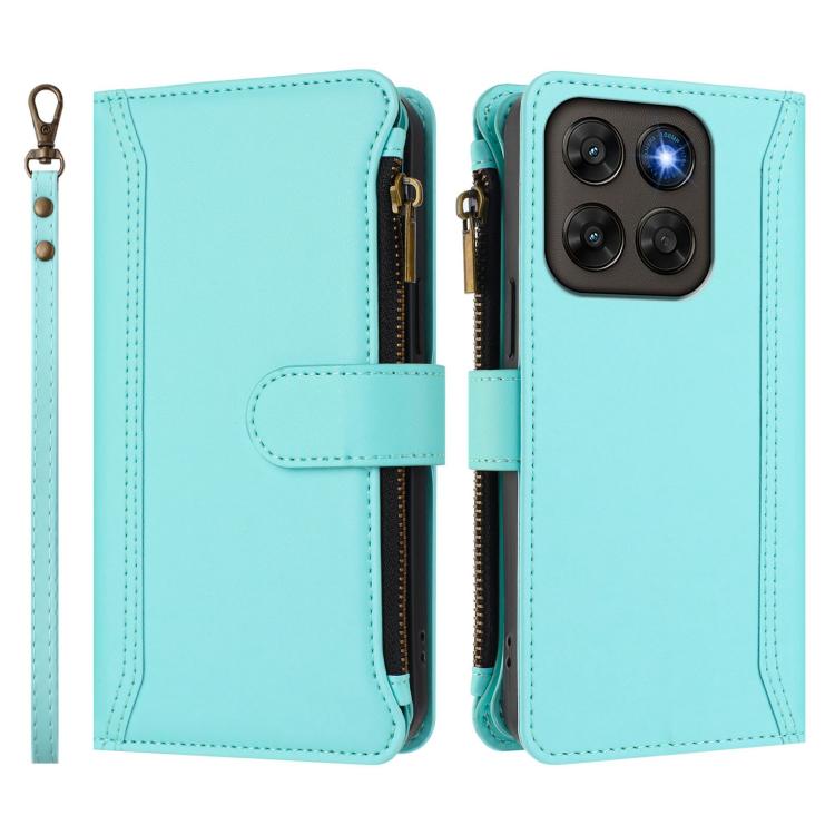 For Motorola Moto G87 5G/G77 5G Magnetic Closure 9 Card Slots Zipper Leather Case with Hand Strap