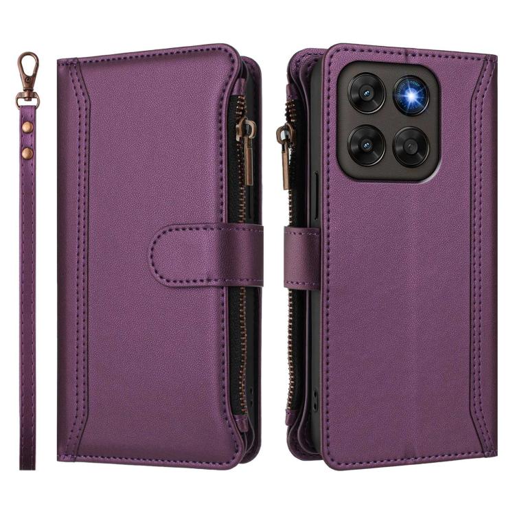For Motorola Moto G87 5G/G77 5G Magnetic Closure 9 Card Slots Zipper Leather Case with Hand Strap