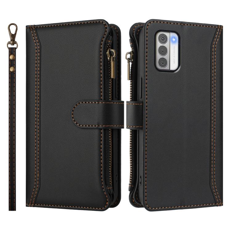 For Nokia G42 / G310 Magnetic Closure 9 Card Slots Zipper Leather Case with Hand Strap