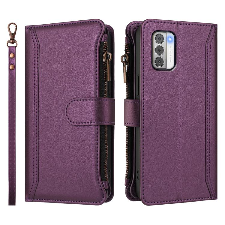 For Nokia G42 / G310 Magnetic Closure 9 Card Slots Zipper Leather Case with Hand Strap