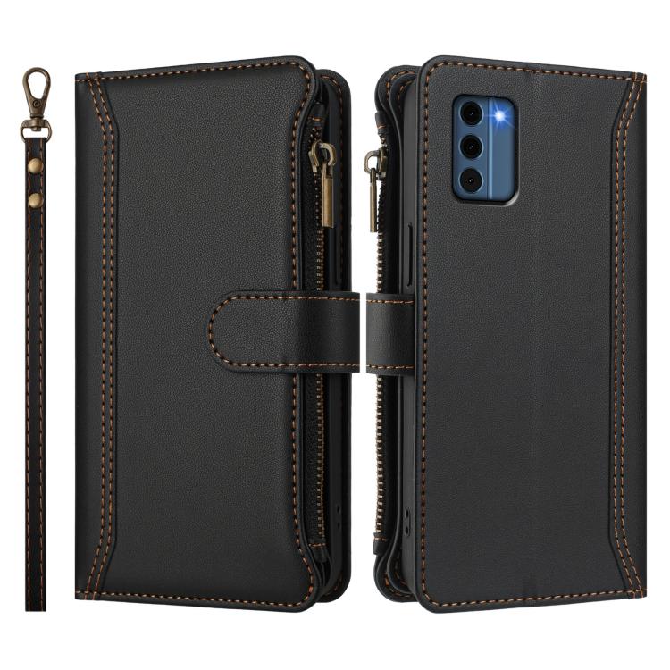 For Nokia C300 Magnetic Closure 9 Card Slots Zipper Leather Case with Hand Strap