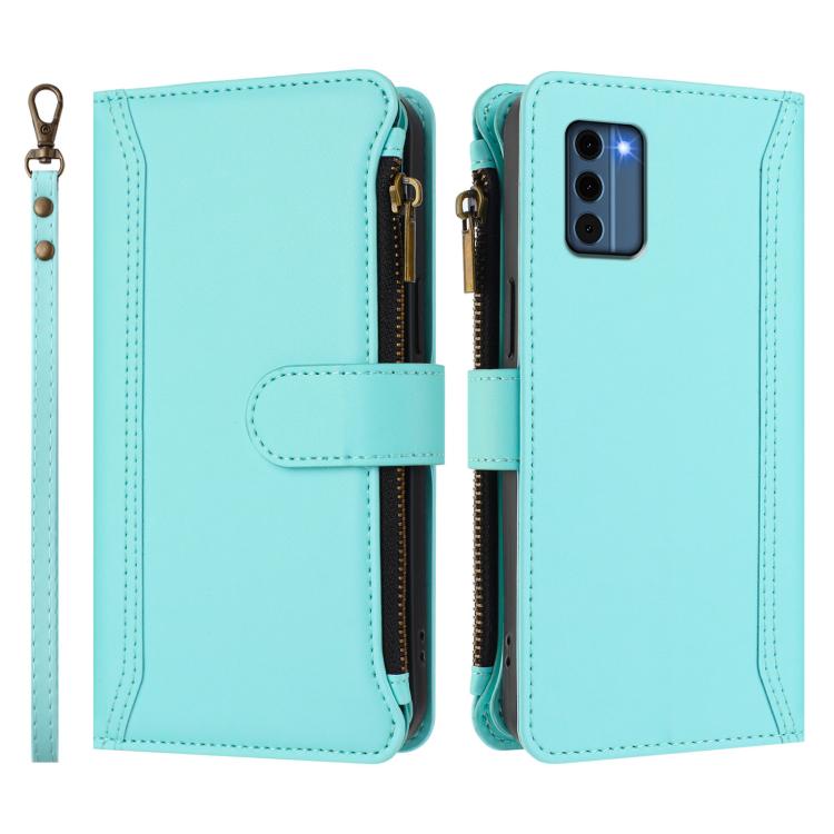 For Nokia C300 Magnetic Closure 9 Card Slots Zipper Leather Case with Hand Strap
