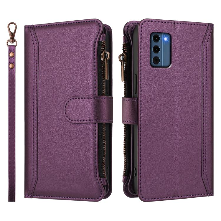 For Nokia C300 Magnetic Closure 9 Card Slots Zipper Leather Case with Hand Strap
