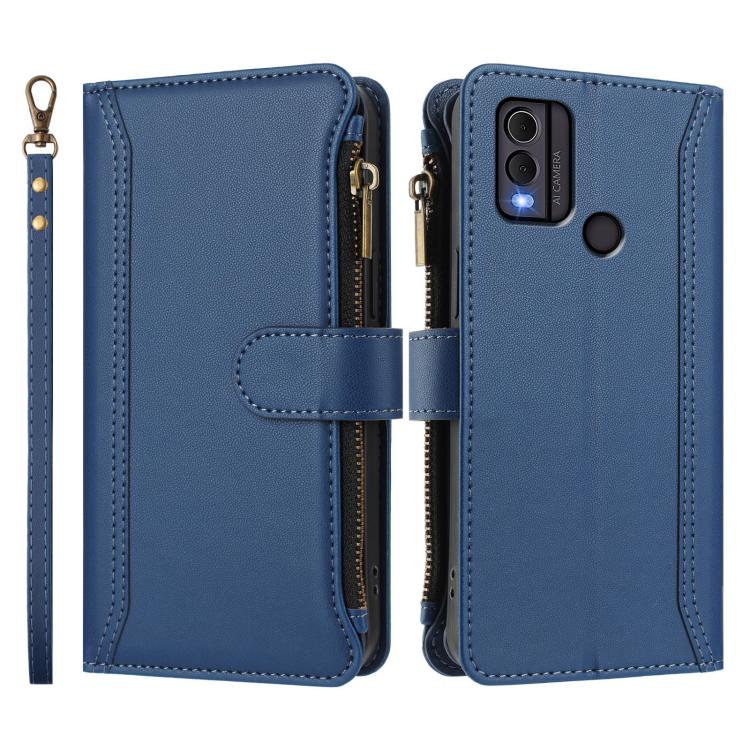 For Nokia C22 Magnetic Closure 9 Card Slots Zipper Leather Case with Hand Strap