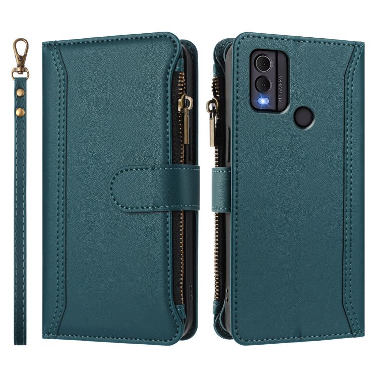 For Nokia C22 Magnetic Closure 9 Card Slots Zipper Leather Case with Hand Strap
