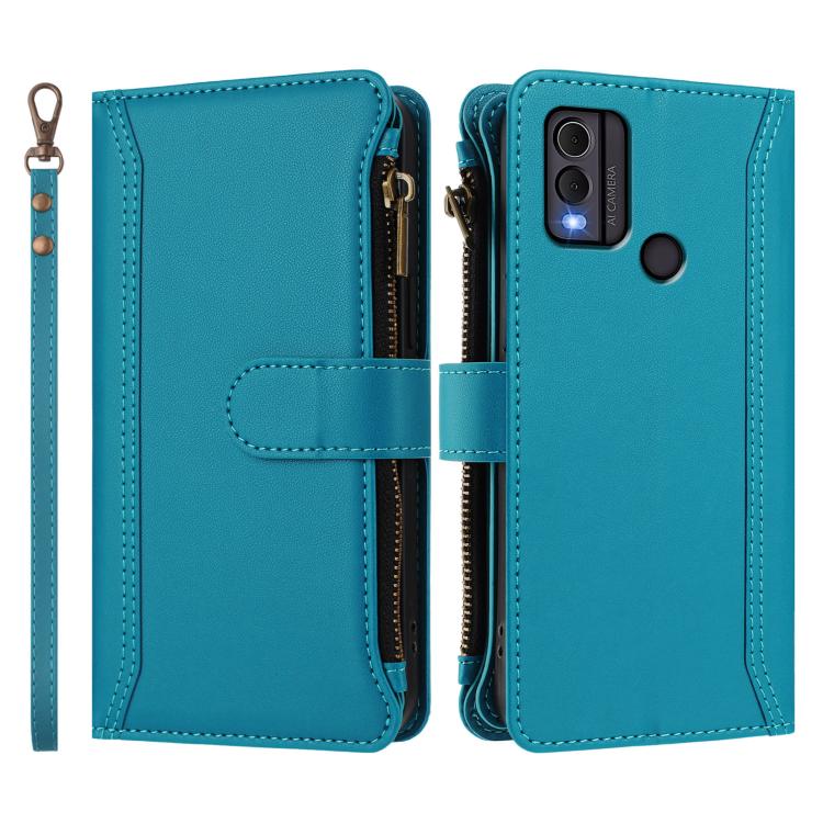 For Nokia C22 Magnetic Closure 9 Card Slots Zipper Leather Case with Hand Strap