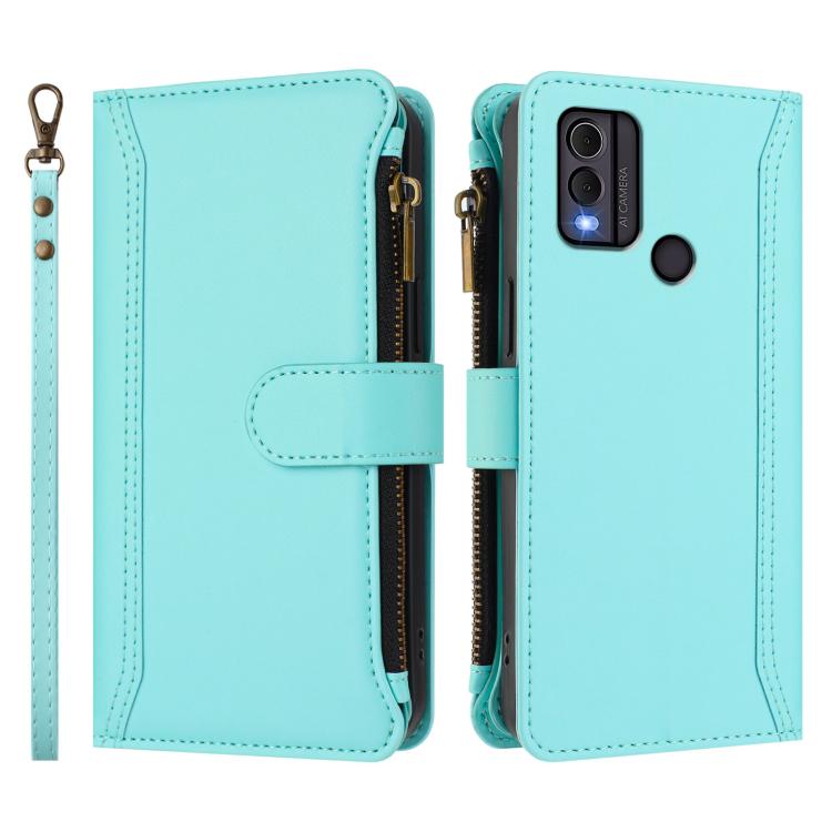 For Nokia C22 Magnetic Closure 9 Card Slots Zipper Leather Case with Hand Strap