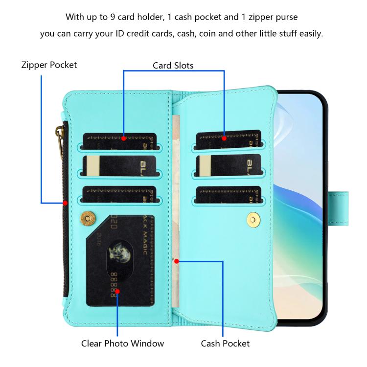 For Nokia C22 Magnetic Closure 9 Card Slots Zipper Leather Case with Hand Strap